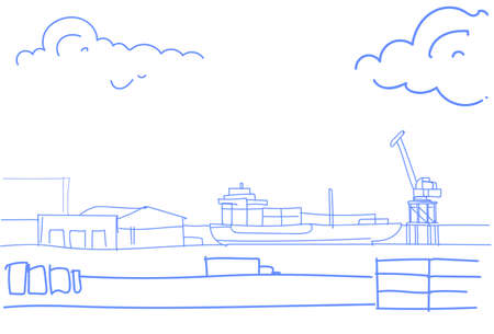 Industrial sea port cargo freight ship crane water delivery transportation concept warehouse shipping dock sketch doodle horizontal vector illustrationのイラスト素材