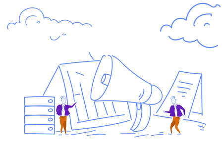 businessmen financial consultant graph loudspeaker announcement advertising marketing concept office workplace business man brainstorming process horizontal sketch doodle vector illustrationのイラスト素材