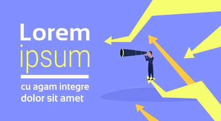 businessman looking binocular business vision concept arrow successful strategy direction curved lines horizontal male cartoon character flat copy space vector illustrationのイラスト素材