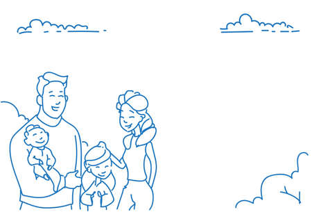 father mother two children baby son daughter happy family concept sketch doodle hand drawn portrait horizontal vector illustrationのイラスト素材