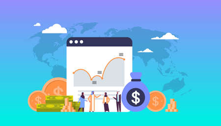 online banking money graph growth wealth concept dollar coin arabic people finance analysis over world map background flat horizontal vector illustrationのイラスト素材