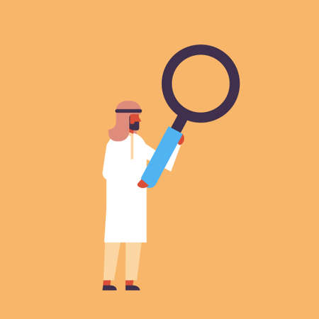 arabic businessman holding magnifying zoom glass searching detecting analyzing concept arab man ready inspect male cartoon character full length vector illustrationのイラスト素材