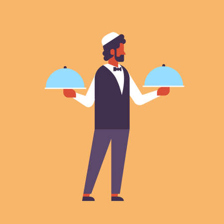 arabic waiter hold covered plate tray lid service concept arab man prepare serve male cartoon character flat full length vector illustrationのイラスト素材