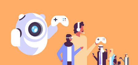 arabic people in vr glasses playing game bot controller gamepad virtual reality headphones team flat...