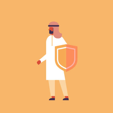 arabic businessman holding guard shield business protection concept arab man security male cartoon character flat full length vector illustrationのイラスト素材