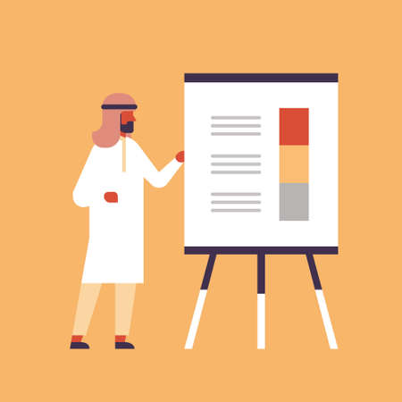 arabic businessman standing flipchart finance infographic presenting graphs statistic concept arab man analyst male cartoon character flat full length vector illustrationのイラスト素材