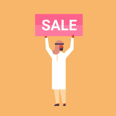 arabic businessman holding sale sign concept rectangular board advertising arab cartoon character flat full length vector illustrationのイラスト素材