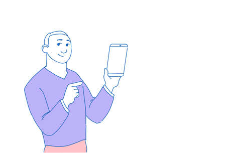 man holding modern digital cell smart phone mobile application online communication concept male character portrait horizontal sketch doodle vector illustrationのイラスト素材