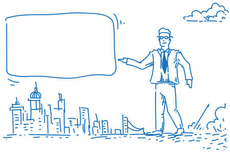 businessman pointing empty board advertising concept over cityscape background business man hand drawn copy space full length horizontal sketch doodle vector illustrationのイラスト素材