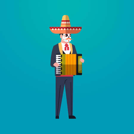 day of dead traditional mexican halloween man wearing traditional clothes playing accordion skeleton...