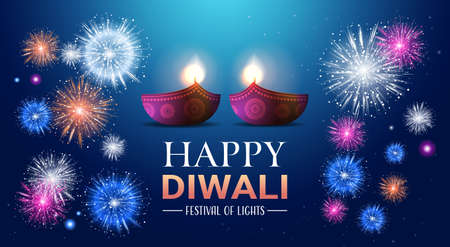 happy diwali traditional indian lights hindu festival celebration holiday concept flat greeting card template invitation horizontal copy space vector illustrationのイラスト素材