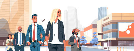 business people group diverse team successful men women over cityscape background male female cartoon character portrait flat horizontal banner vector illustrationのイラスト素材
