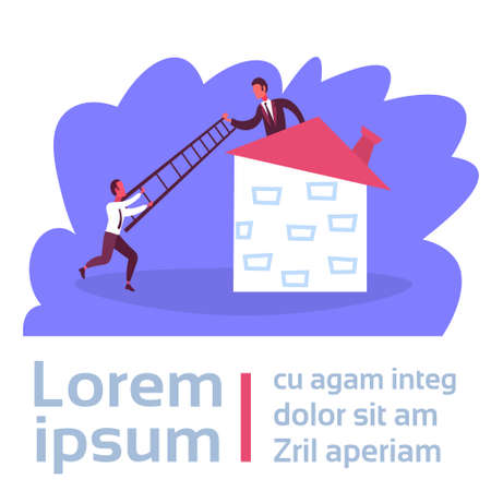 Businessman holding ladder stairs coworker climbing up building house men team working cooperation concept cartoon character full length copy space flat vector illustrationのイラスト素材