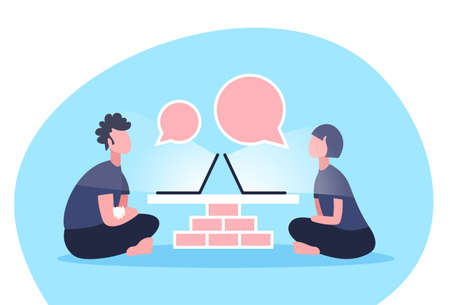 couple sitting using laptop online video call chat bubble communication concept man woman discussing male female cartoon character flat horizontal vector illustrationのイラスト素材
