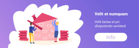 couple construction house man woman cooperation teamwork concept building process successful business project horizontal banner flat male female cartoon character full length copy space vector illustrationのイラスト素材