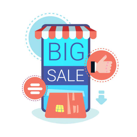 online mobile application internet shopping big sale concept smartphone screen shop app credit card payments transaction flat vector illustrationのイラスト素材