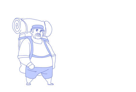 overweight traveler man backpacker outdoor hiking male tourist summer vacation trip sketch doodle horizontal vector illustrationのイラスト素材