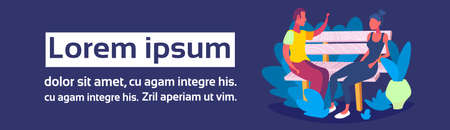 casual couple sitting wooden bench night city park man woman communication concept discussion male female cartoon character full length horizontal banner copy space flat vector illustrationのイラスト素材