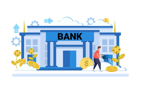 businessman watering dollar plant growth wealth investment concept bank building exterior background male cartoon character full length flat vector illustrationのイラスト素材