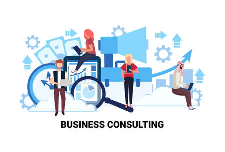 businesspeople using gadgets online business consulting concept men women financial analytics consultants finance graph diagram cartoon character flat horizontal vector illustrationのイラスト素材