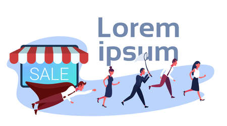 business people group hurry up online shopping big sale concept mobile shop application businessman super hero woman customer cartoon character full length horizontal copy space vector illustrationのイラスト素材
