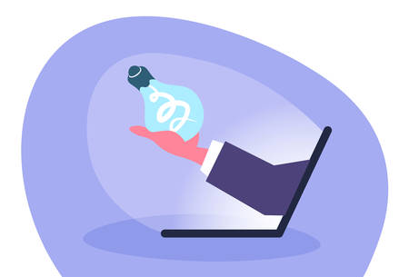 human hand hold light lamp new idea from laptop monitor screen online creative innovation startup project concept horizontal flat vector illustrationのイラスト素材