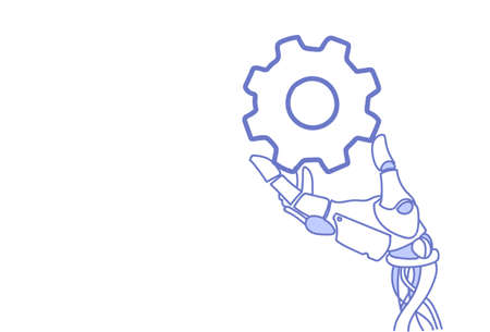 robot hand holding cog wheel virtual assistance repair support process concept artificial intelligence sketch doodle horizontal vector illustrationのイラスト素材
