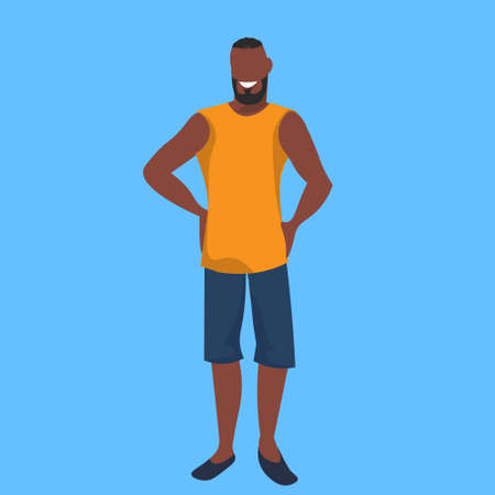 african american bearded man standing pose casual guy relax male cartoon character full length blue background flat vector illustrationのイラスト素材
