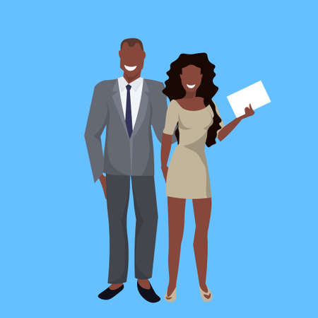 african american business couple standing together man woman successful coworkers concept female male cartoon character full length blue background flat vector illustrationのイラスト素材