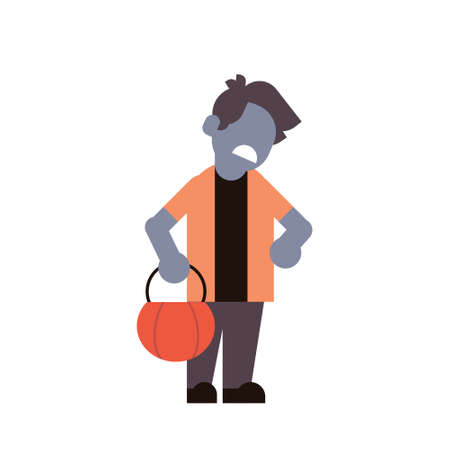 cute boy wear zombie scarecrow costume happy halloween concept party celebration isolated flat cartoon character isolated full length vector illustrationのイラスト素材