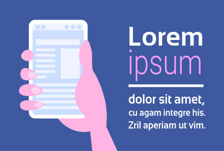 human hand holding smartphone mobile online application screen social media profile concept horizontal copy cpace flat vector illustrationのイラスト素材