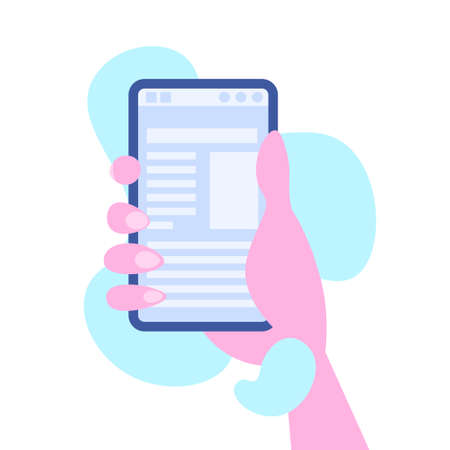 human hand holding smartphone mobile online application screen social media profile concept isolated flat vector illustrationのイラスト素材