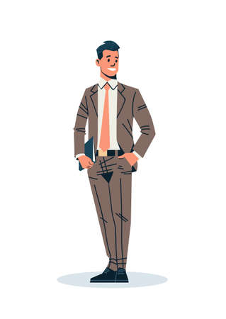 businessman holding documents folder business man office worker male cartoon character isolated flat full length vertical vector illustrationのイラスト素材