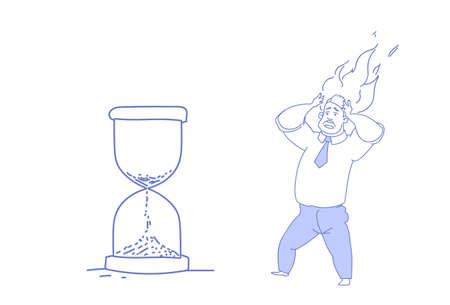overworked business man hold burning head looking sand watch deadline concept stressed business man...