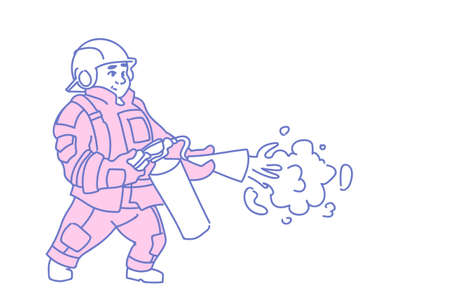 fireman hold extinguisher wearing red uniform helmet man fire fighter sketch doodle horizontal vector illustrationのイラスト素材