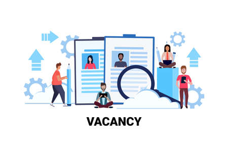 business people hr searching resume specialist candidate vacancy job business concept flat horizontal teamwork process female male cartoon character vector Illustrationのイラスト素材