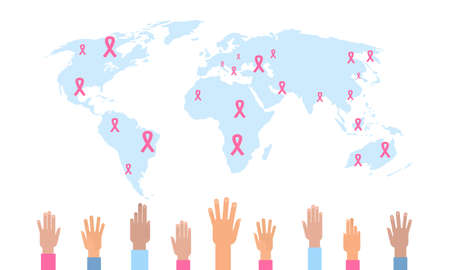 human palms breast cancer international day concept mix race hands disease awareness prevention pink ribbon world map geo tags isolated flat horizontal vector illustrationのイラスト素材