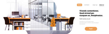Coworking office interior modern center creative workplace environment horizontal banner copy space empty workspace flat vector illustrationのイラスト素材