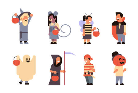 set different cute kids wear monsters costume happy halloween concept party celebration isolated horizontal collection flat vector illustrationのイラスト素材