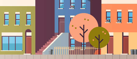city building houses view autumn street leaves fall real estate flat horizontal vector illustrationのイラスト素材