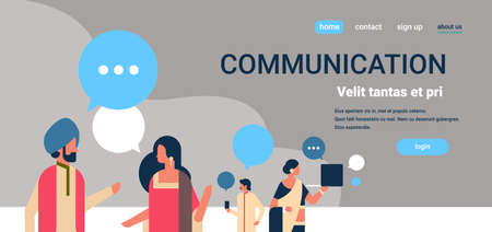 indian people chat bubbles communication concept speech dialogue indian man woman character portrait horizontal copy space flat vector illustrationのイラスト素材