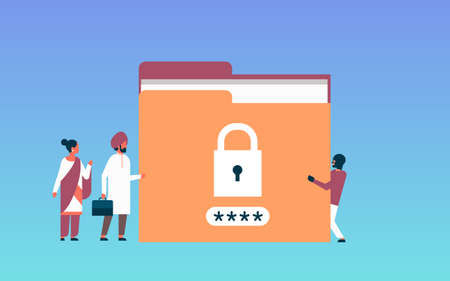 indian businessman with hacker padlock password folder protection sensitive data concept locked privacy information database flat horizontal vector illustrationのイラスト素材
