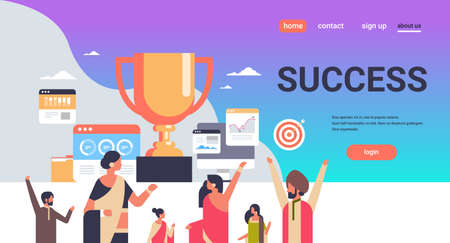 successful indian people group holding winner cup trophy first place number one concept teamwork strategy success flat horizontal copy space vector illustrationのイラスト素材