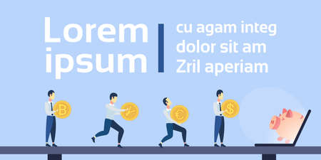 businessmen carry different currency dollar euro yuan bitcoin coin laptop screen piggy bank online money savings concept flat cash investment horizontal copy space vector illustrationのイラスト素材