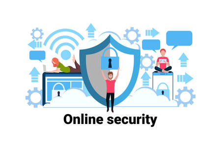 man holding padlock online security concept privacy information data protection web technology flat...