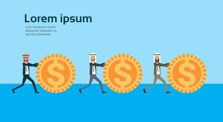arabic businessman rolling dollar coins, successful arab business group accumulation of wealth growing financial success teamwork concept copy space flat vector illustrationのイラスト素材