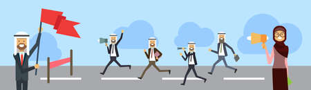 arab businessman crossing finish line, wear office suit, leader with flag in race tape position, isolated over blue background, flat, copy space vector illustrationのイラスト素材