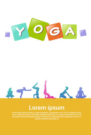 colourful sports people silhouette, group of diversity yoga poses woman, successful team relationships concept A4 vertical copy space vector illustrationのイラスト素材