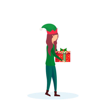 christmas girl carry gift box elf santa helper concept flat full length female cartoon character isolated vector illustrationのイラスト素材