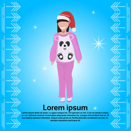 woman red hat panda costume happy new year merry christmas concept flat female cartoon character blue background full length copy space vector illustrationのイラスト素材